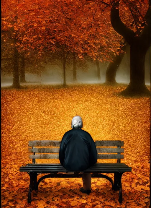 Prompt: man crumbles apart into autumn leaves. conceptual photography portrait of a crumbling old man on a park bench falling apart into leaves, autumn tranquility, forgetfulness, oblivion, inevitability, aging, surreal portrait, moody, by tom bagshaw, cold, 4 k