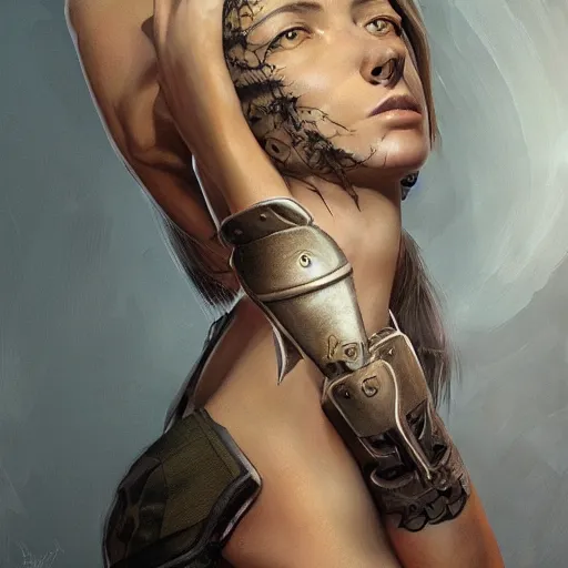 Image similar to tattoo design, a professional painting of a beautiful young female, partially clothed in battle armor, olive skin, long dark hair, beautiful bone structure, symmetrical facial features, intricate, elegant, digital painting, concept art, smooth, sharp focus, illustration, from Metal Gear, by Ruan Jia and Mandy Jurgens and Greg Rutkowski and Artgerm and William-Adolphe Bouguerea and artgerm, cat girl, anime