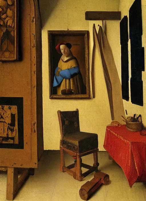Prompt: paints, brushes, drawings, medieval painting by jan van eyck, johannes vermeer, florence