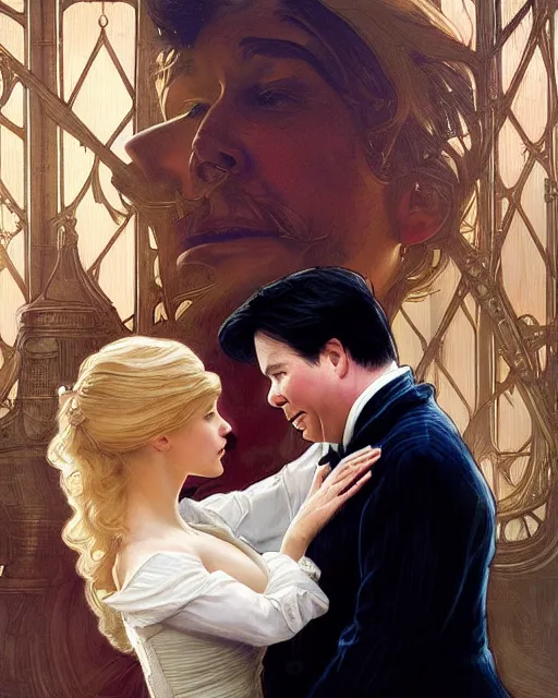 Prompt: Portrait of a  blonde lady and Michael mcintyre in Jack death's scene in Titanic,real life skin, intricate, elegant, highly detailed, artstation, concept art, smooth, sharp focus, art by artgerm and greg rutkowski and alphonse mucha