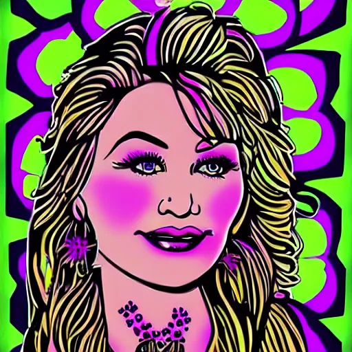 Image similar to young Dolly Parton portrait, graphic design poster, 70s, flower child, hippie, psychedelic