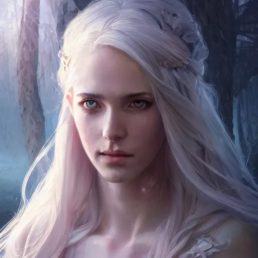 Image similar to a portrait of a beautiful hopeful lady with pretty eyes, beautiful eyes, beautiful eyes, beautiful eyes, highly detailed eyes, looking up, looking up, light smiling, art of wlop and greg rutkowski, intricate, high details, eyes, epic fantasy art, cgsociety, trending on artstation, bright light masterpiece, ray of light through white hair