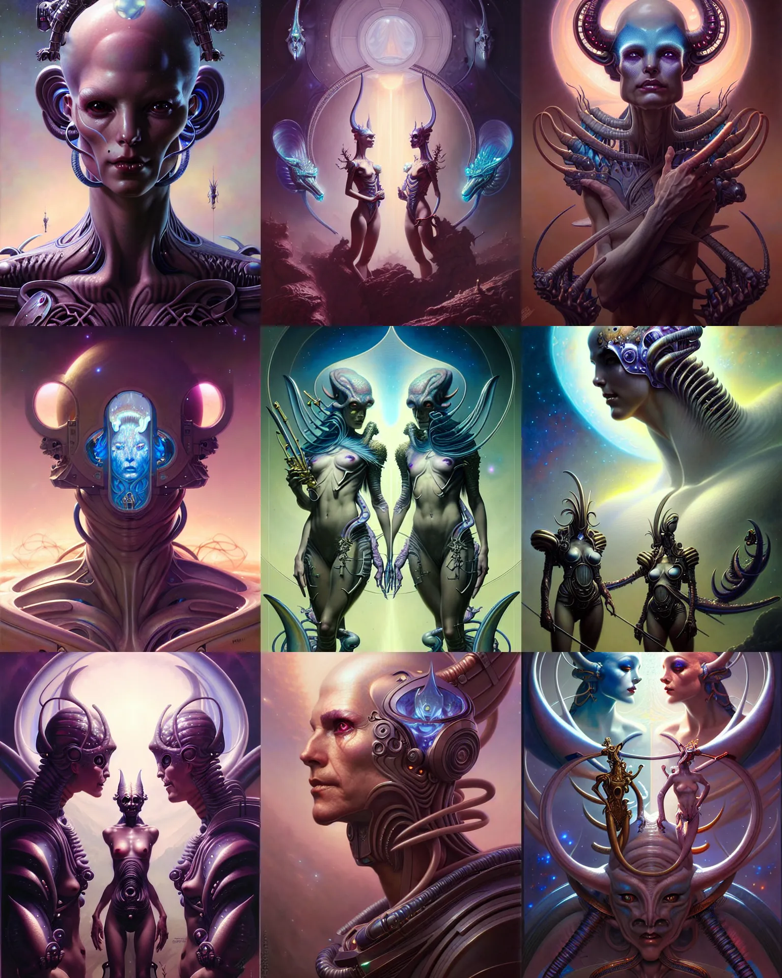 Image similar to beautiful gemini fantasy character portrait, ultra realistic, wide angle, intricate details, alien artifacts, highly detailed by peter mohrbacher, hajime sorayama, wayne barlowe, boris vallejo, aaron horkey, gaston bussiere, craig mullins