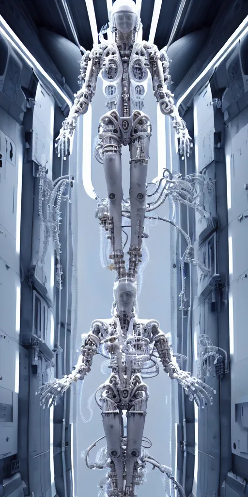 Prompt: high detailed space station interior a statue jesus on cross made of white marble, perfect symmetrical body, full body shot, inflateble shapes, wires, tubes, veins, jellyfish, white biomechanical details, wearing epic bionic cyborg implants, masterpiece, intricate, biopunk, vogue, highly detailed, artstation, concept art, cyberpunk, octane render