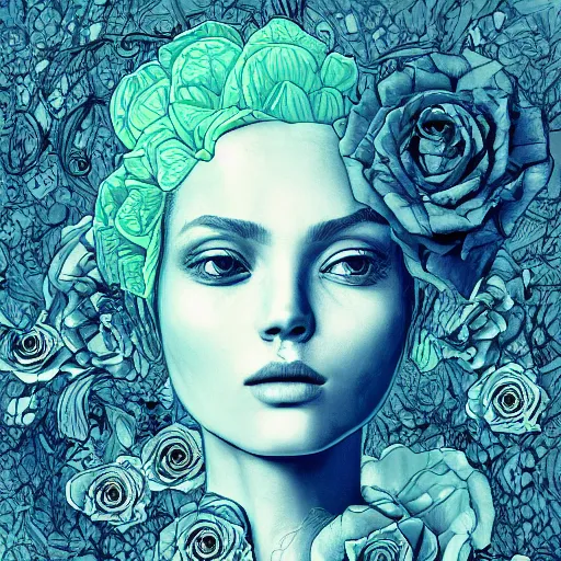 Image similar to the anatomy of a head of lettuce with roses that resemble a beautiful girl, an ultrafine detailed illustration by james jean, intricate linework, bright colors, final fantasy, behance contest winner, vanitas, angular, altermodern, unreal engine 5 highly rendered, global illumination, radiant light, detailed and intricate environment
