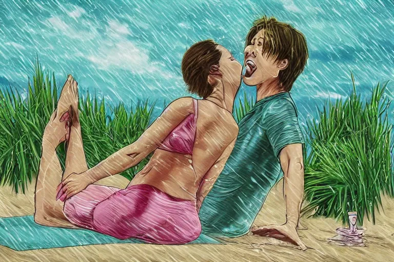 Prompt: If you like piña coladas, And gettin' caught in the rain, If you're not into yoga, If you have half a brain, If you like makin' love at midnight, In the dunes on the cape, Then I'm the love that you've looked for, Write to me and escape, by Dice Tsutsumi, Makoto Shinkai, anime key visual