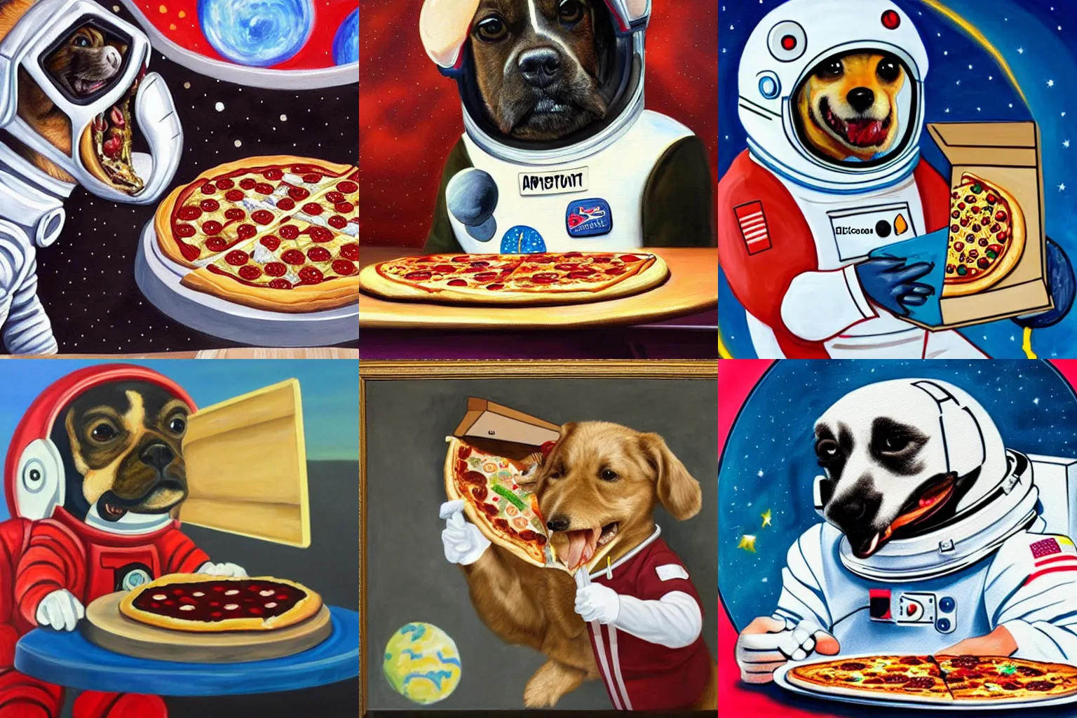 Prompt: A painting of an astronaut dog eating pizza, highly detailed