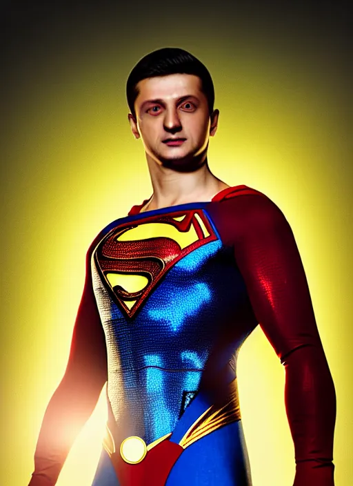 Image similar to volodymyr zelenskyy, ukrainian superman, ukrainian national clothes, portrait of young man, 8 k ultra realistic, lens flare, atmosphere, glow, detailed, intricate, full of colour, led lighting, 4 k, hyperrealistic, focused, extreme details, unreal engine 5, masterpiece