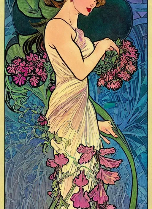 Prompt: a beautiful young woman. she is a flower fairy. well composed, clean elegant painting, beautiful detailed face. retro comic book art by steve ditko and jack kirby and ( alphonse mucha )