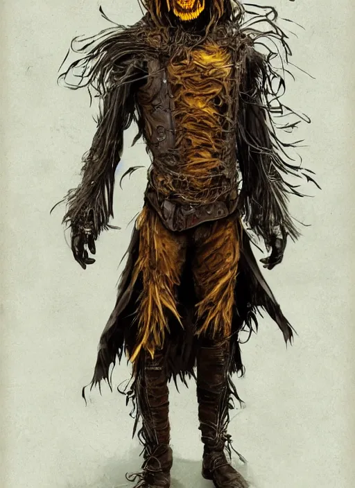 Image similar to powerful male scarecrow, willem dafoe as scarecrow, full body character concept, covered in full leather armor, art nouveau, super powers, fantasy, intricate, elegant, highly detailed, digital painting, artstation, concept art, shining, sharp focus, terrifying, horror, fear, scary, illustration, art by stanley lau