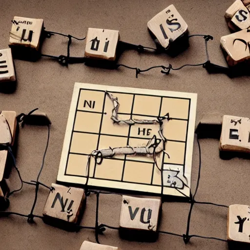 Prompt: gritty realistic scrabble board with pieces made out of metal and barbed wire with caution tape around the edges