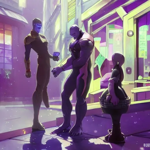 Image similar to thanos working at starbucks by makoto shinkai and ruan jia and studio ghibli