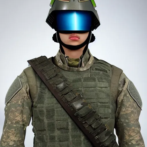 Image similar to a futuristic soldier captain with a metal visor and a blue shoulderpad