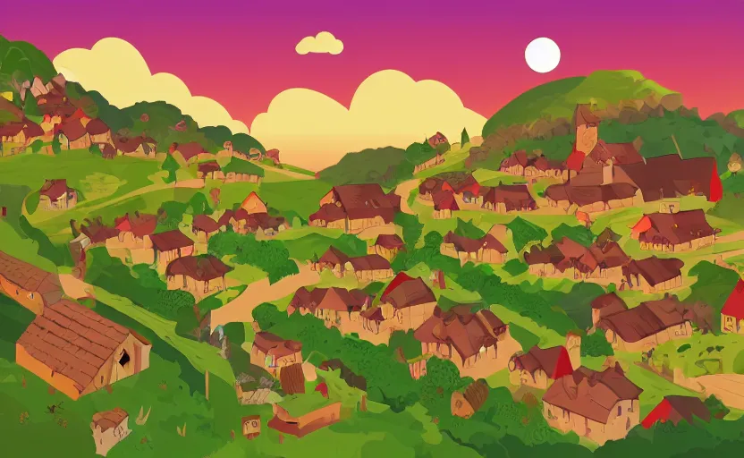 Image similar to some villagers busy farming in a small village in a valley, a dragon approaching from a distance, vector, storybook, gouache, flat, sharp edges, concept art, print