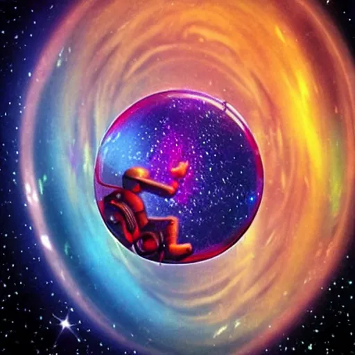 Image similar to ”astronaut in a soap bubble floating into a mysterious vortex in a strange galaxy, [epic, colorful, aweinspiring, otherwordly]”