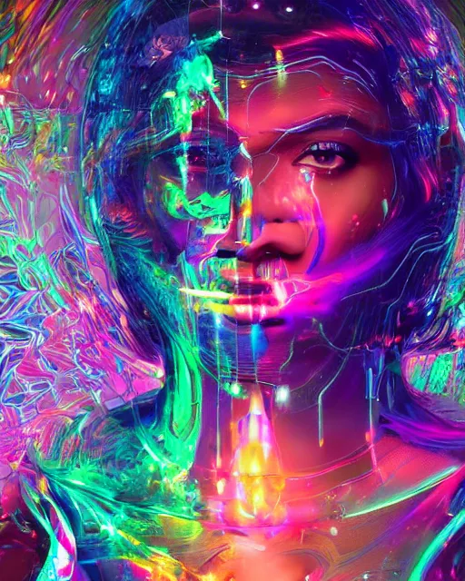 Image similar to a powerful energy psychedelic matrix latin woman, by alexander fedosav, hyper detailed digital matte painting, concept art, hyperrealism, 1 6 k resolution, cinema 4 d, 8 k resolution, trending on artstation, behance hd, a masterpiece, by stephan martiniere, particles, cel - shaded, power bright neon energy, by david a. hardy