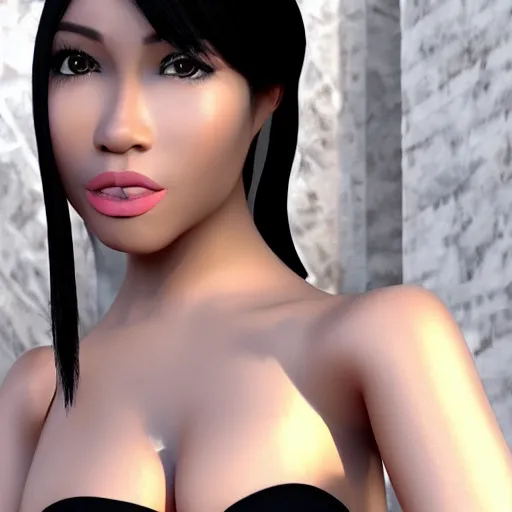 Image similar to black-haired beauty in 3D style , in a bikini , knee-length hair , 2K