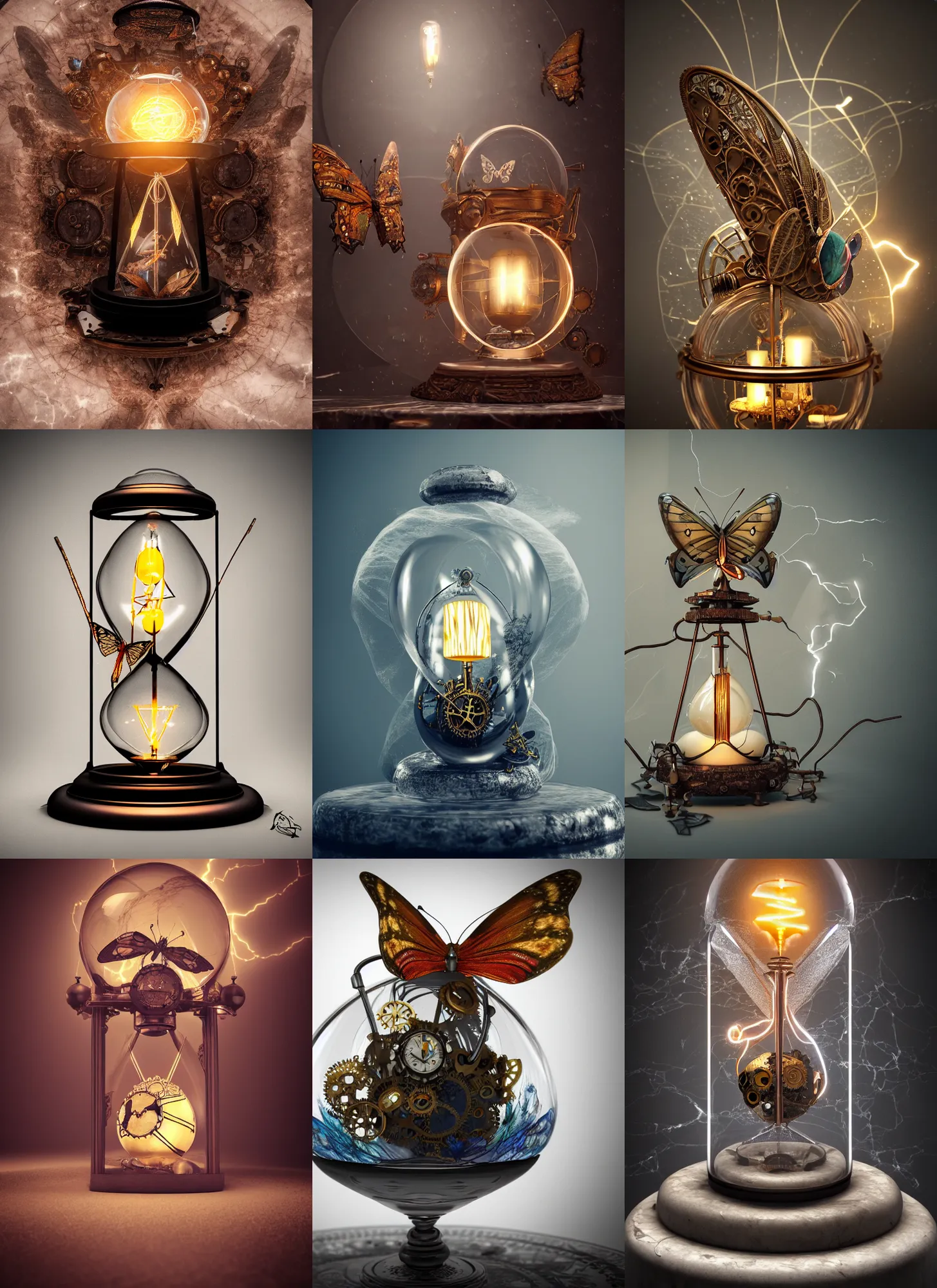 Prompt: steampunk butterfly inside a marble, hourglass, lightning, intricate detail, volumetric lighting, epic composition, hyper detailed, ultra realistic, sharp focus, octane render, candle, volumetric, ray tracing, artstation trending, cgsociety, sense of awe, swirling mist, 4 k