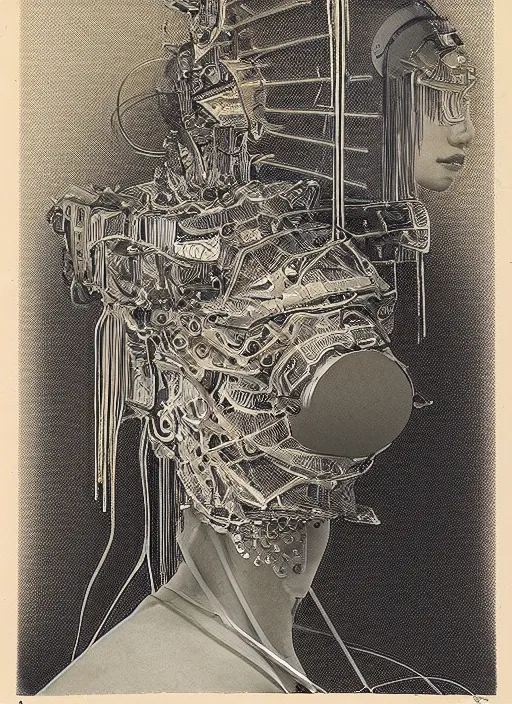 Image similar to 2 d illustration, grained risograph, old wetplate portrait of a futuristic silver armored geisha district 9 cyborg, parallax, fractal, intricate, elegant, highly detailed, subsurface scattering, by jheronimus bosch and moebius louis jacques mande daguerre and szukalski