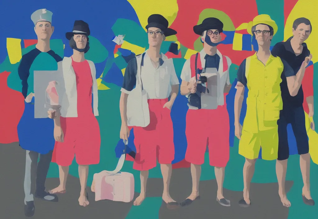 Image similar to full body portrait of a trio of european tourists with nikon cameras, character designs painting, in the style of wes anderson, rene magritte, lola dupre, david hockney, isolated on white background, dark monochrome neon spraypaint accents volumetric octane render