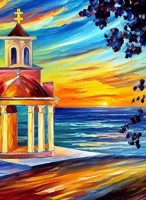 Image similar to beautiful seaside greek chapel surrounded by a village at sunset in the style of leonid afremov