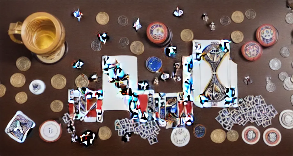 Image similar to a knolling of magicians apparatuses, wands, linking rings, playing cards, coins, cups and balls, overhead view, flatlay