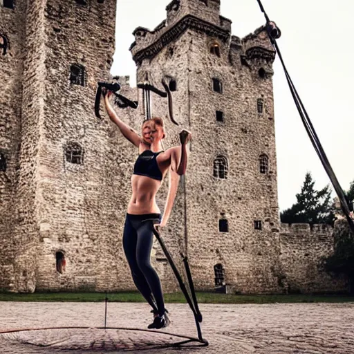 Prompt: beautiful athletic female swinging on large lyra hoop, intricate detail, in front of medieval castle, cinematic compositon, photorealistic