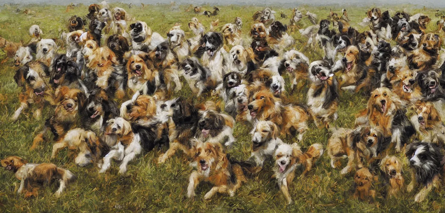 Prompt: cheerful painting of dogs at war, multiple points of focus, detailed painting by ralph goings, soft edges, tilt shift