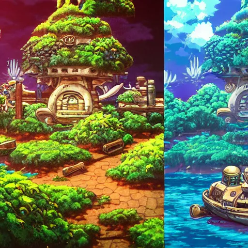 Image similar to photorealistic beautiful world of chrono trigger in the style of studio ghibli and tim white. hyperdetailed photorealism, 1 0 8 megapixels, amazing depth, glowing rich colors, powerful imagery, psychedelic overtones, 3 d finalrender, 3 d shading, cinematic lighting, artstation concept art