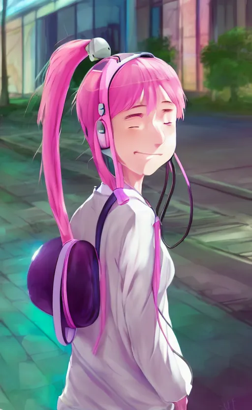 Image similar to anime girl with pink ponytail, wearing purple headphones, wearing a green sweater, with a smile on her face and her eyes closed, walking down a street, dynamic lighting, photorealistic fantasy concept art, trending on art station, very detailed, anime concept art, stunning visuals, creative, cinematic, ultra detailed