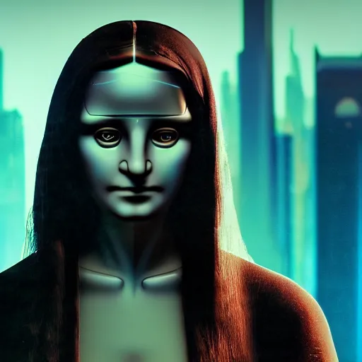 Image similar to cinematic movie still of cybernetic character named Mona Lisa in Neuromancer, futuristic eye implant, cyberpunk, XF IQ4, 150MP, 50mm, F1.4, ISO 200, 1/160s, twilight in the city