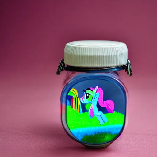 Image similar to a my little pony figurine inside a jar ; the jar is filled with a mysterious sticky yellowish fluid