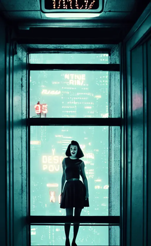 Image similar to vertical movie frame portrait of girl in 5 0's retro restaurant interior, neon - decorated urban on night in the city seen through the window, modern interior design, architectural design, vintage, night blade runner, dark, postapocalyptic, clean lines, 4 k, octane, asian futuristic city at distance, big windows, octane, wide angle