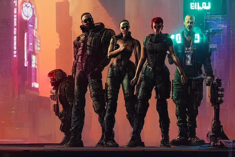 Prompt: cyberpunk blackops squad. portrait by stonehouse and mœbius and will eisner and gil elvgren and pixar. character design. realistic proportions. dystopian. cyberpunk 2 0 7 7 character art, blade runner 2 0 4 9 concept art. cel shading. attractive face. thick lines. the team. diverse characters artstationhq..