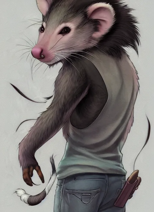 Prompt: character portrait of a male anthro opossum fursona with a tail and a cute beautiful attractive detailed furry face wearing a tanktop and slacks standing outside a city tattoo parlor with arm tattoos. Character design by charlie bowater, ross tran, artgerm, and makoto shinkai, detailed, inked, western comic book art