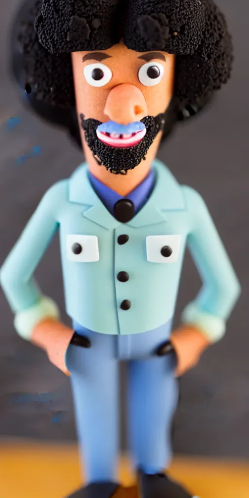 Prompt: claymation character, man with black curly hair and a smile