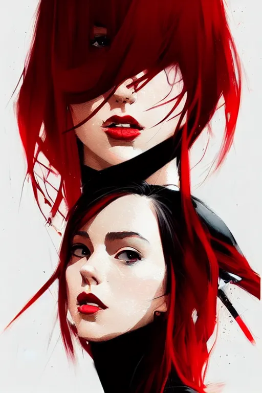 Image similar to a ultradetailed beautiful portrait panting of a stylish woman with red bangs, she is wearing a black dress, by conrad roset, greg rutkowski and makoto shinkai, trending on artstation