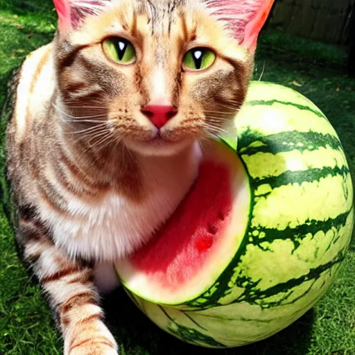 Image similar to a perfect hybrid fusion of the flesh : cat + watermelon + bee