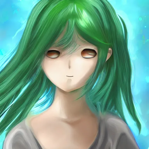 Image similar to anime girl with green hair, meditating on a rock, digital art,