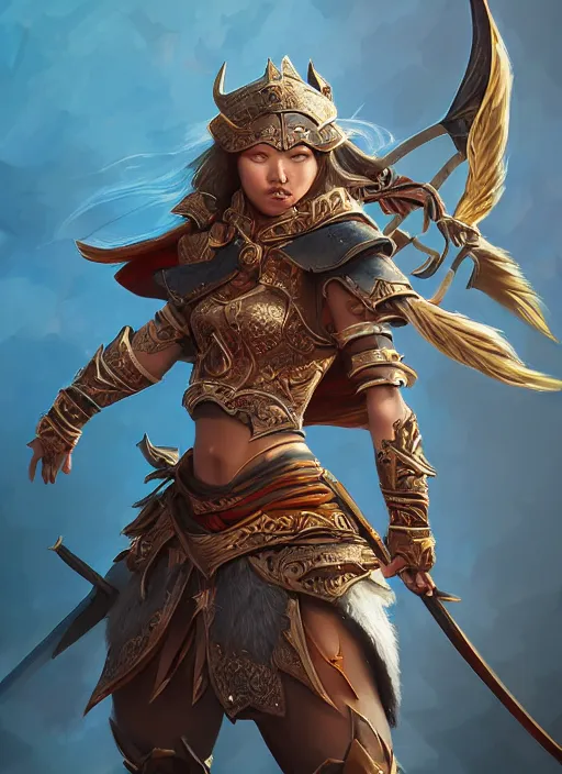 Prompt: a highly detailed illustration of fierce mongol warrior woman with bow, heroic shooting bow pose, intricate, elegant, highly detailed, centered, digital painting, artstation, concept art, smooth, sharp focus, league of legends concept art, wlop.