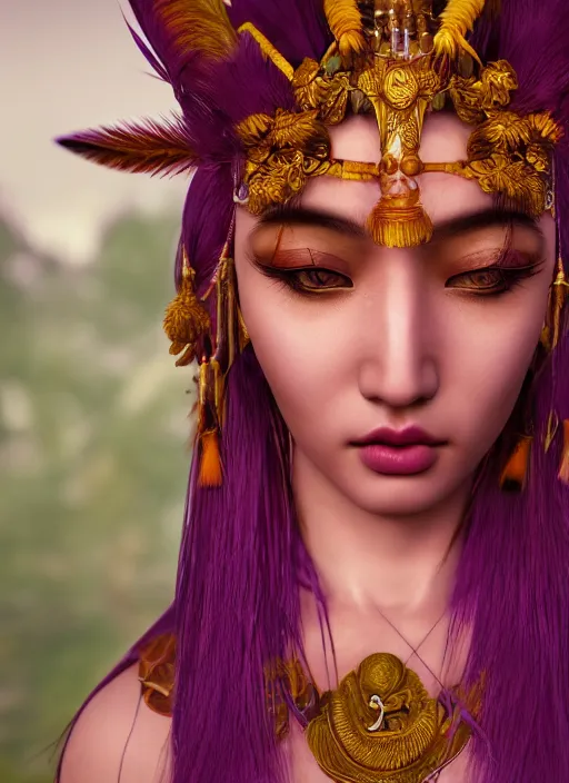 Prompt: closeup photoshoot of a asian goddess of bliss and honey, purple feathers hair, silk flowing in wind, totemic, ritualistic, tarot sigils embedded in ruby skin, photoreal, unreal engine, redshift render, trending on artstation