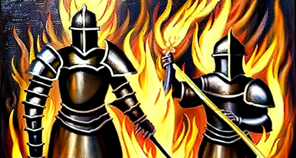 Image similar to An oil painting of a knight in dark metal armor wielding a flaming sword