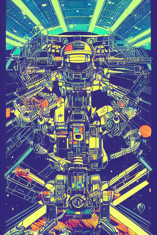 Image similar to drawing of an international space station filled with electronic equipment, japanese gundam mech, robots, led screens, droids, a detailed comic panel by kilian eng, moebius, featured on deviantart, psychedelic art, psychedelic, dmt