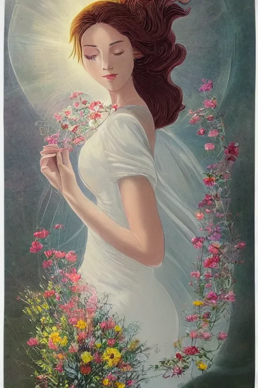 Prompt: The image depicts a woman in a flowing white dress, holding a bouquet of flowers. She is surrounded by a bright, halo-like aura. The background is a series of concentric circles, radiating out from the woman. The overall effect is one of serenity and heavenly beauty. The lithograph is printed in a limited number of colors, but the effect is very rich and detailed. Mucha's use of line is particularly notable, as it creates a sense of movement and energy around the central figure. The concentric circles in the background add to this sense of motion, while also providing a stable reference point for the viewer. The overall composition is well balanced and harmonious. The lithograph is printed in a limited number of colors, but the effect is very rich and detailed. Mucha's use of line is particularly notable, as it creates a sense of movement and energy around the central figure. The concentric circles in the background add to this sense of motion, while also providing a stable reference point for the viewer.