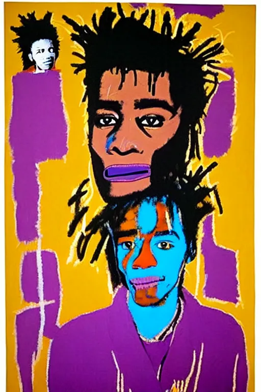 Image similar to a checkered fluffy robe over a purple clothed king, brown skin, painting by jean michel basquiat, andy warhol,