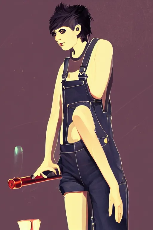 Prompt: a beautiful androgynous punk girl with short hair who is a mechanic wearing overalls, digital illustration, digital concept art, digital painting, decorative minimal background, trending on artstation