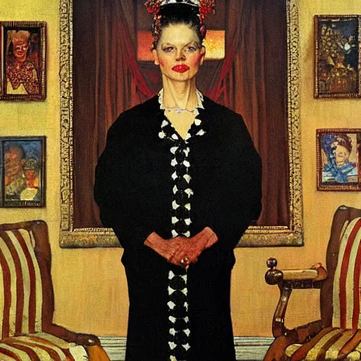 Image similar to Frontal portrait of a maximalist queen of fictional ethnicity. A painting by Norman Rockwell.