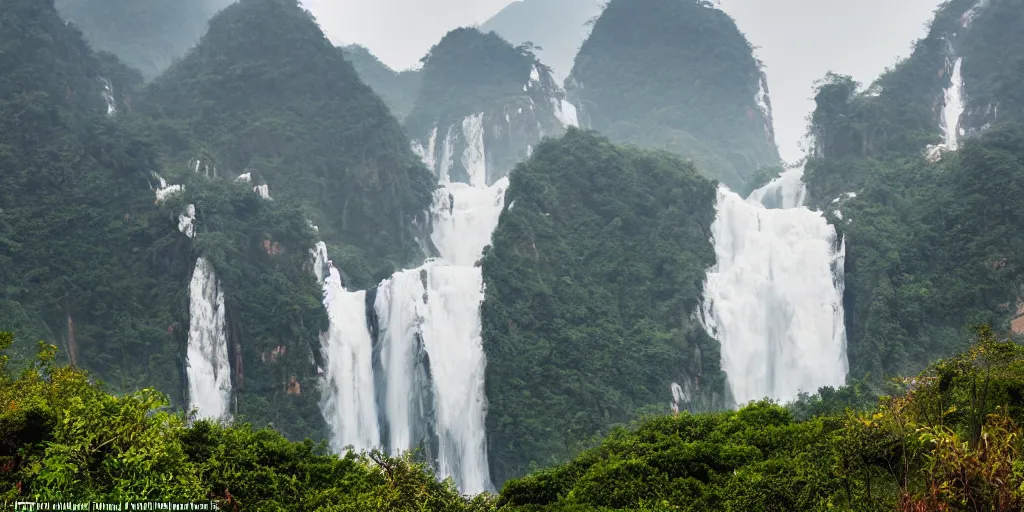 Prompt: Cloudy peaks in southern China with a waterfall, the style of National Geographic magazine