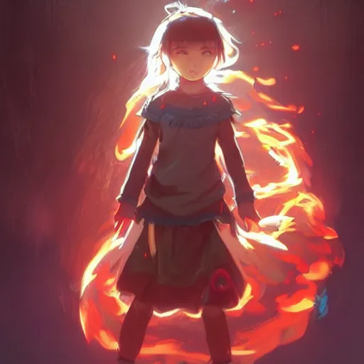 Image similar to Full body, splash art by WLOP, Ilya kuvshinov, Krenz Cushart, and Greg Rutkowski, trending on artstation. Realistic fantasy cute Native Indian young girl with silky hair, wearing a red-sleeved white t-shirt with jeans, she has fire powers, her hair glows astonishing fire flames, Cinematic dramatic atmosphere of a mystic forest, sharp focus, soft volumetric studio lighting