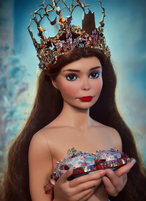 Prompt: closeup face profile portrait of tin toy lena olin as a fairytale princess wearing a crown eating cakes, bikini, depth of field, zeiss lens, detailed, symmetrical, centered, fashion photoshoot, by nicoletta ceccoli, mark ryden, lostfish, breathtaking, 8 k resolution, extremely detailed, beautiful, establishing shot, artistic, hyperrealistic, octane render